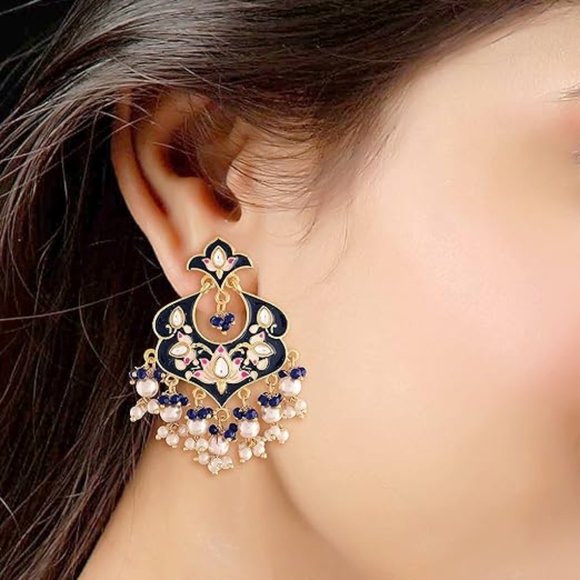 18k Gold Plated Indian Wedding Bollywood Enamel Kundan Pearl - Picture 3 of 4